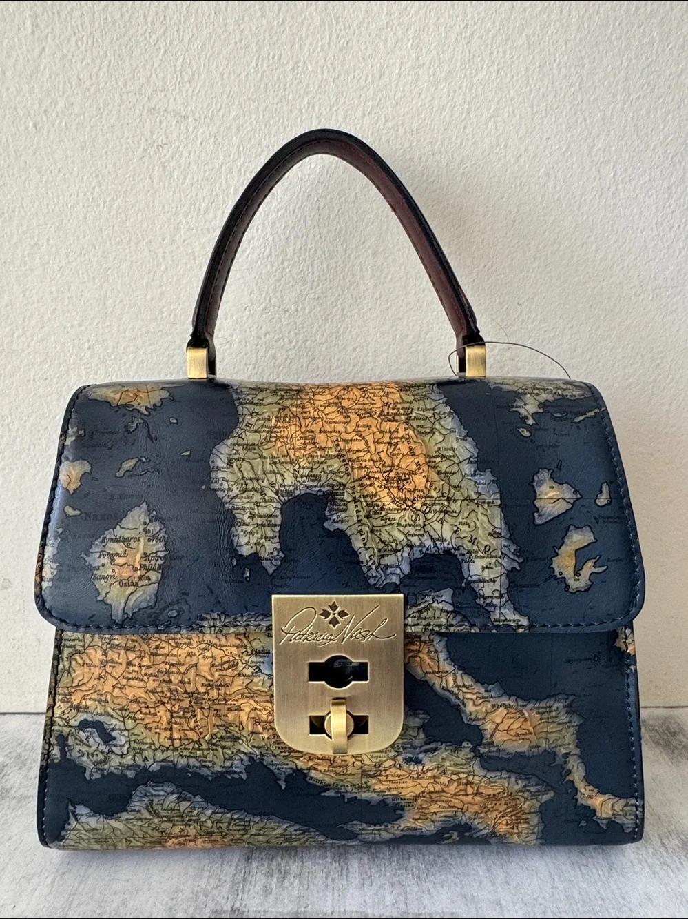 PATRICIA NASH Leather Chauny Satchel Handbag Xbody Greek Map Print Navy Yellow